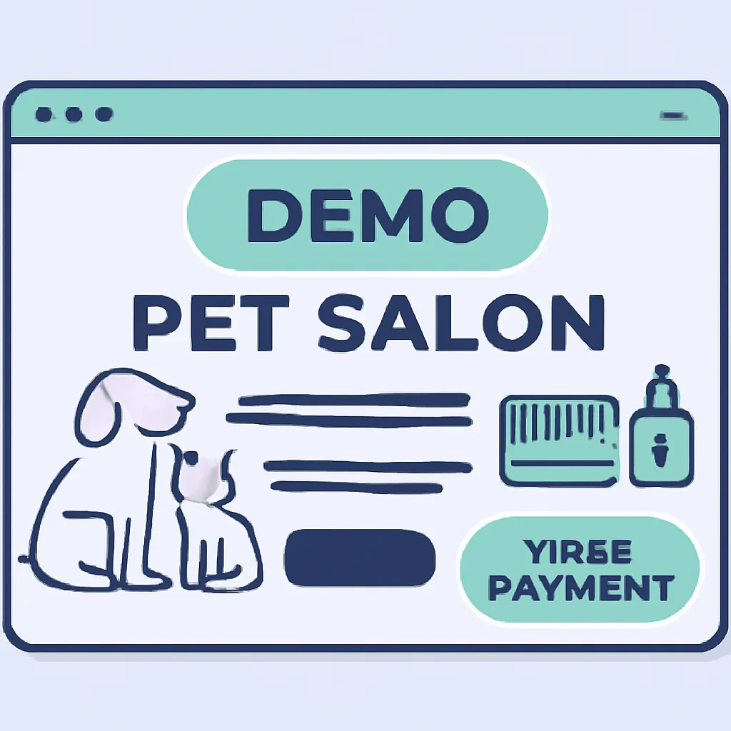 Illustrated salon website showing visible fictional demo and test payment notices