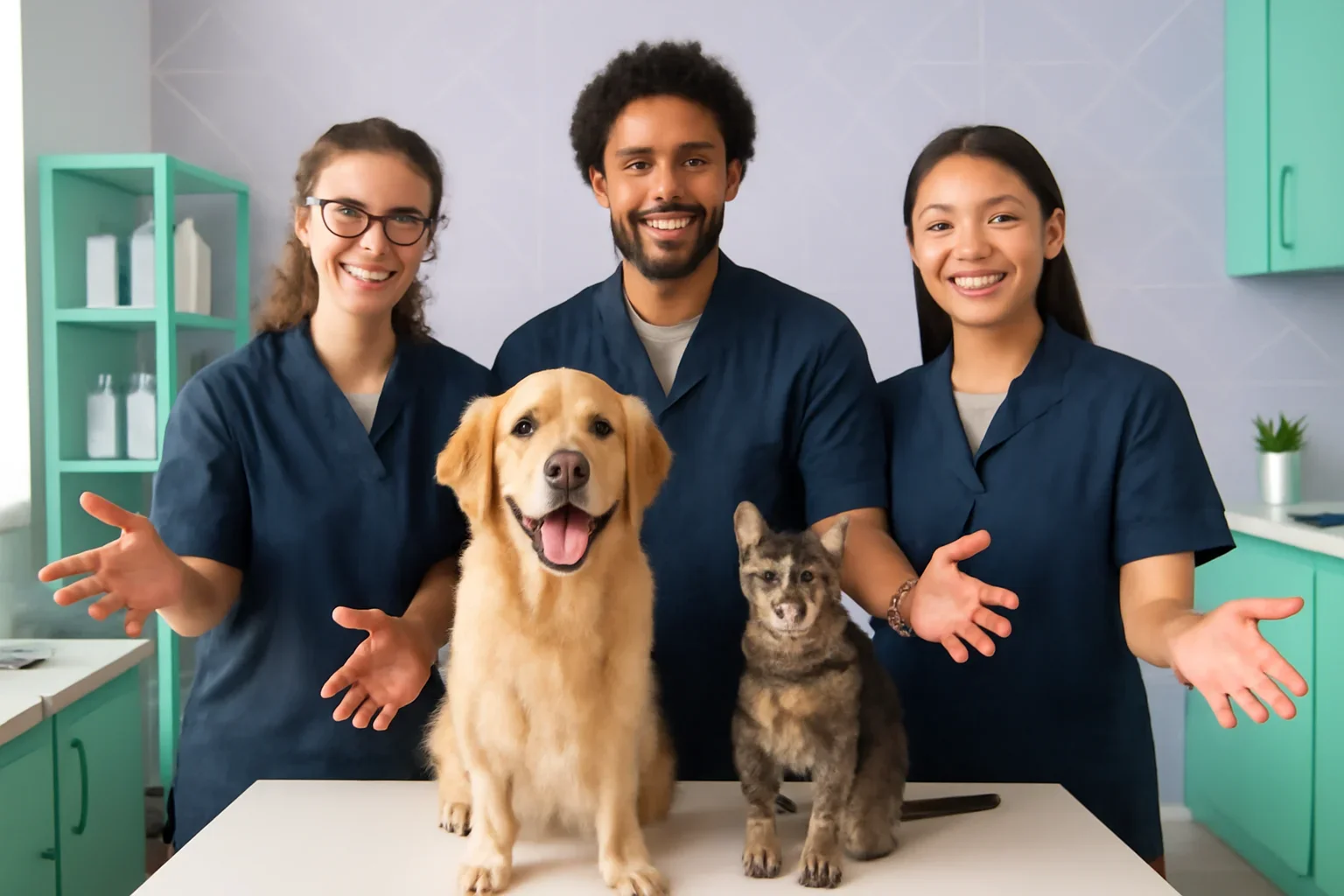 Fictional grooming team welcoming a dog and cat in a modern demo salon