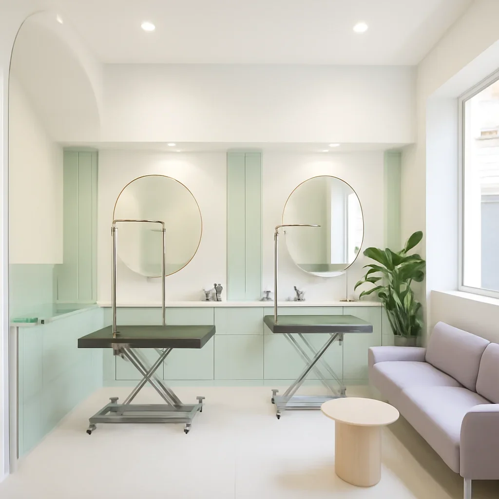 Bright fictional grooming salon concept with organized stations and a calm waiting area