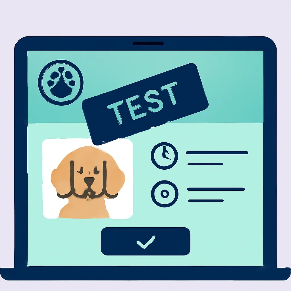Illustrated grooming booking confirmation marked as a fictional test appointment