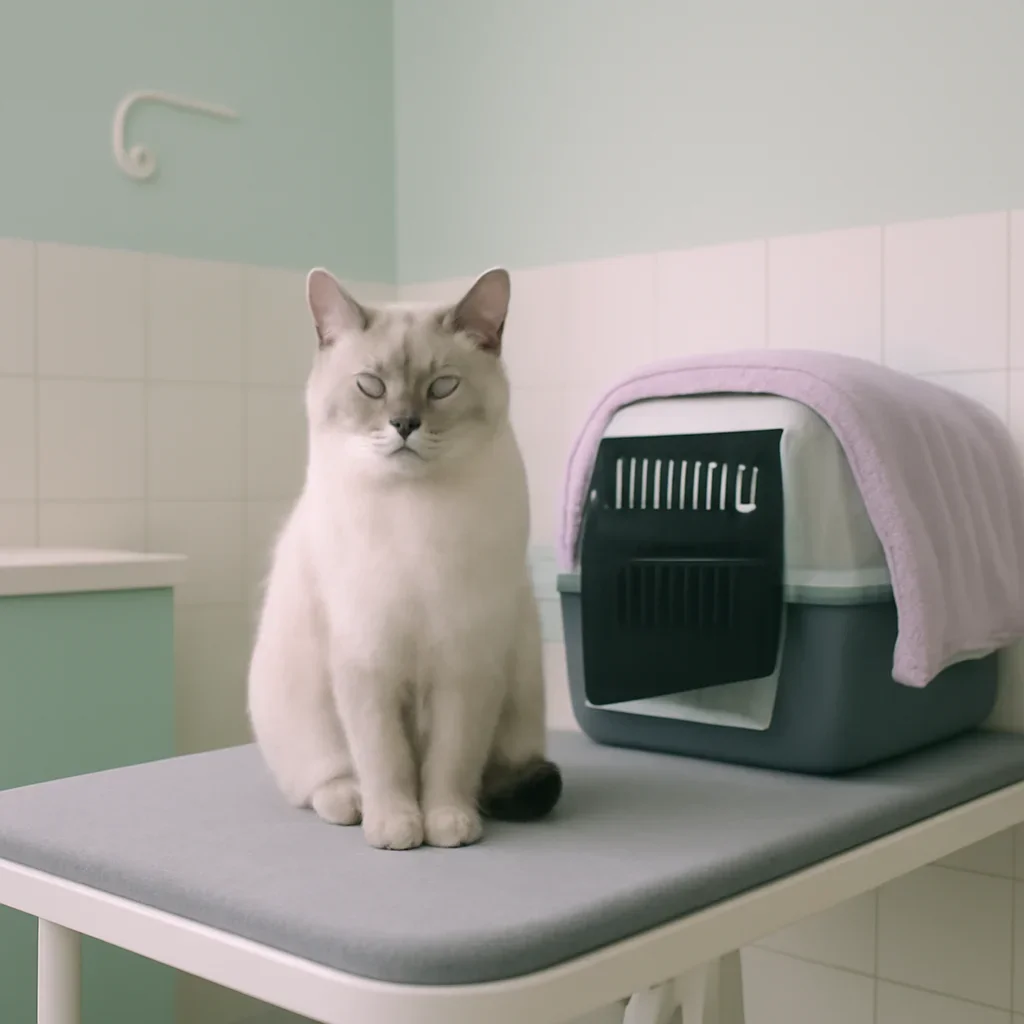 Calm cat in a quiet grooming room with a padded table and covered carrier