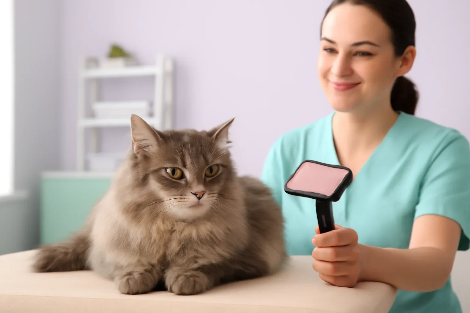 Long-haired cat resting calmly while a groomer prepares a soft brush