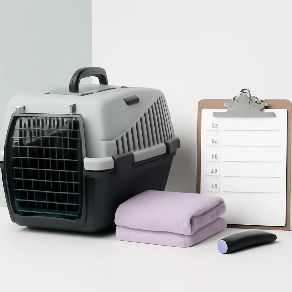 Secure cat carrier with a familiar towel beside a simple grooming checklist