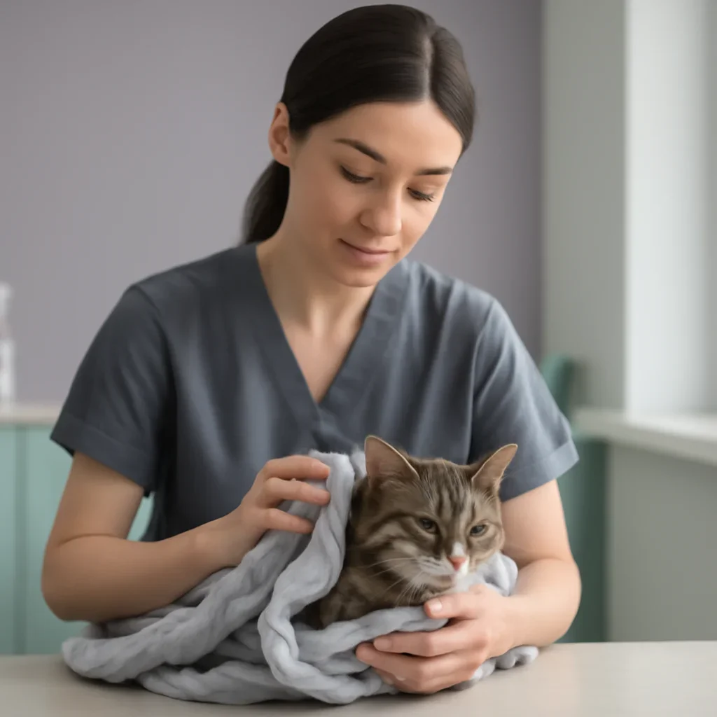Groomer gently towel-drying a cat in a quiet low-stimulation room