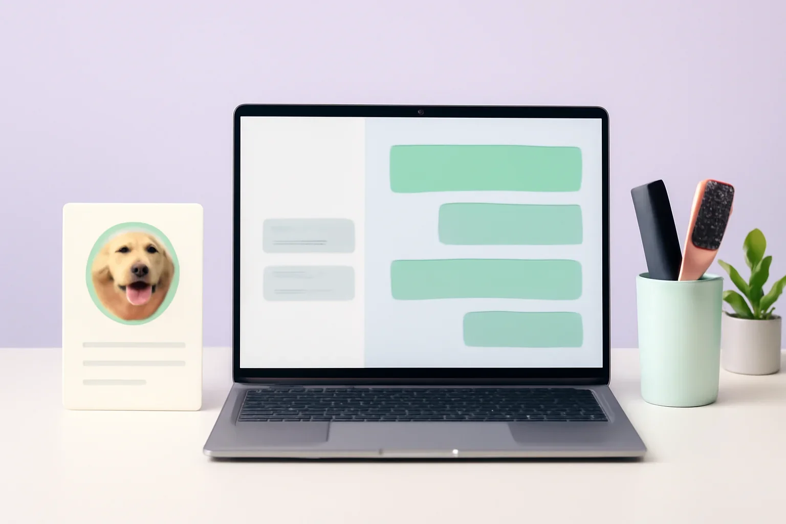 Fictional grooming support desk with a laptop, pet profile card and chat screen
