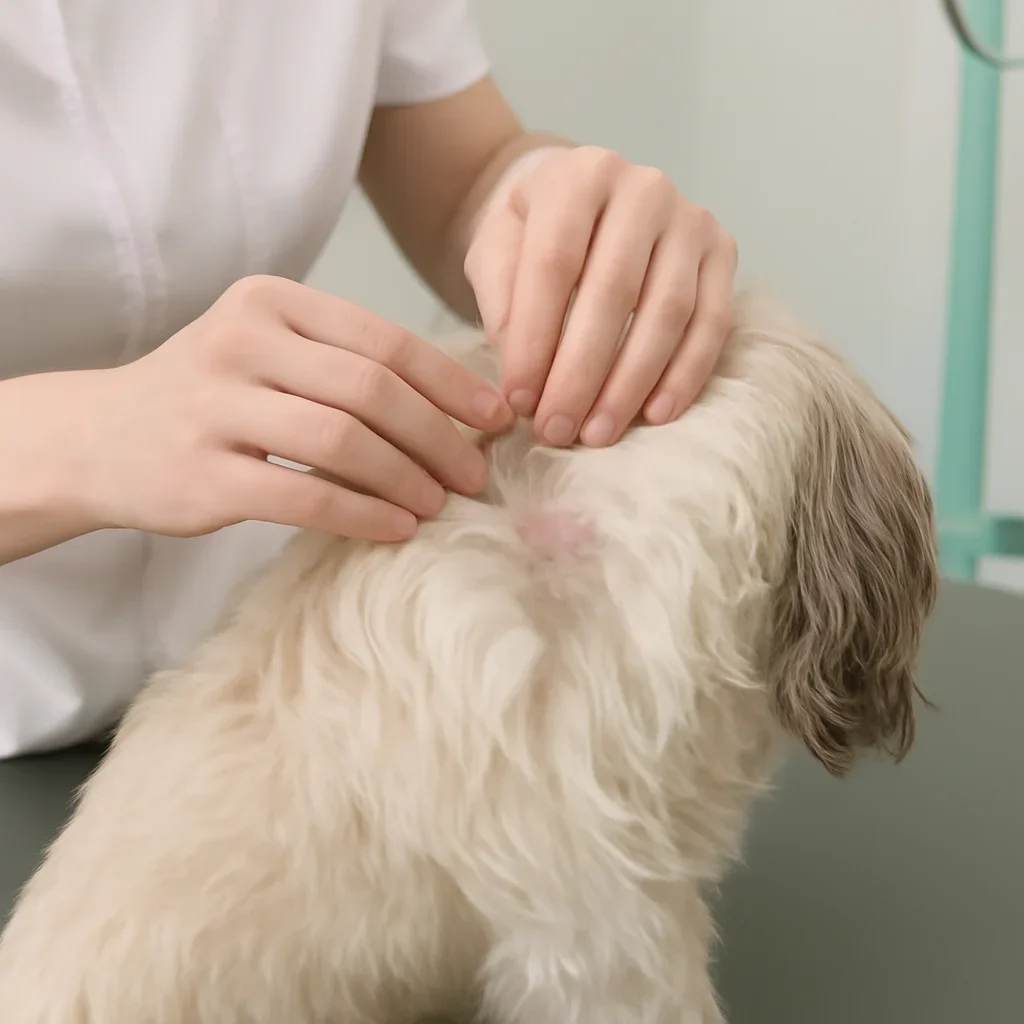 Groomer parting a dog's coat to check tangles and skin condition before grooming