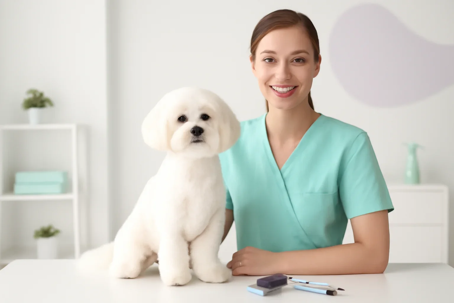 Freshly groomed small dog beside a groomer in a bright modern salon