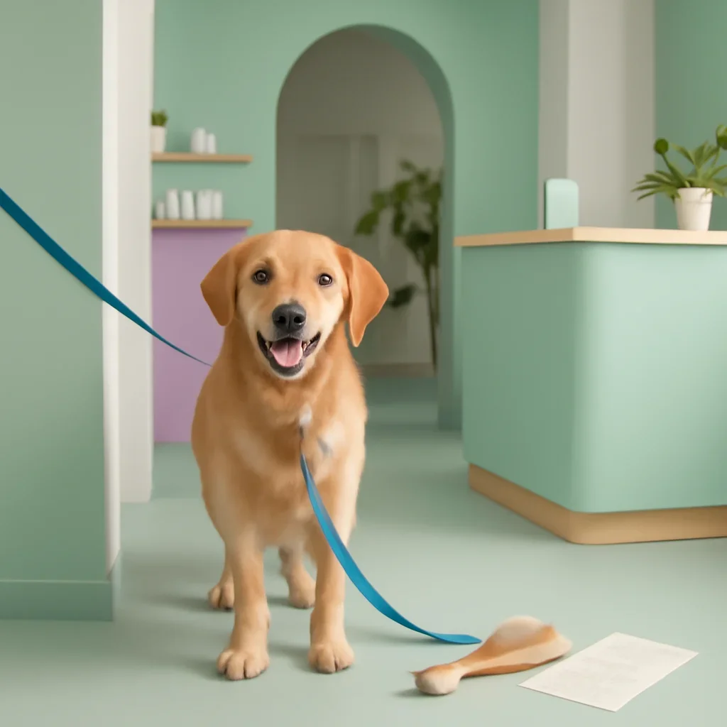 Dog arriving on leash with a brush and sample grooming notes nearby