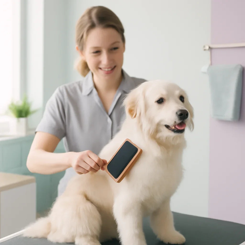 Groomer brushing a clean dog after a gentle bath and blow dry