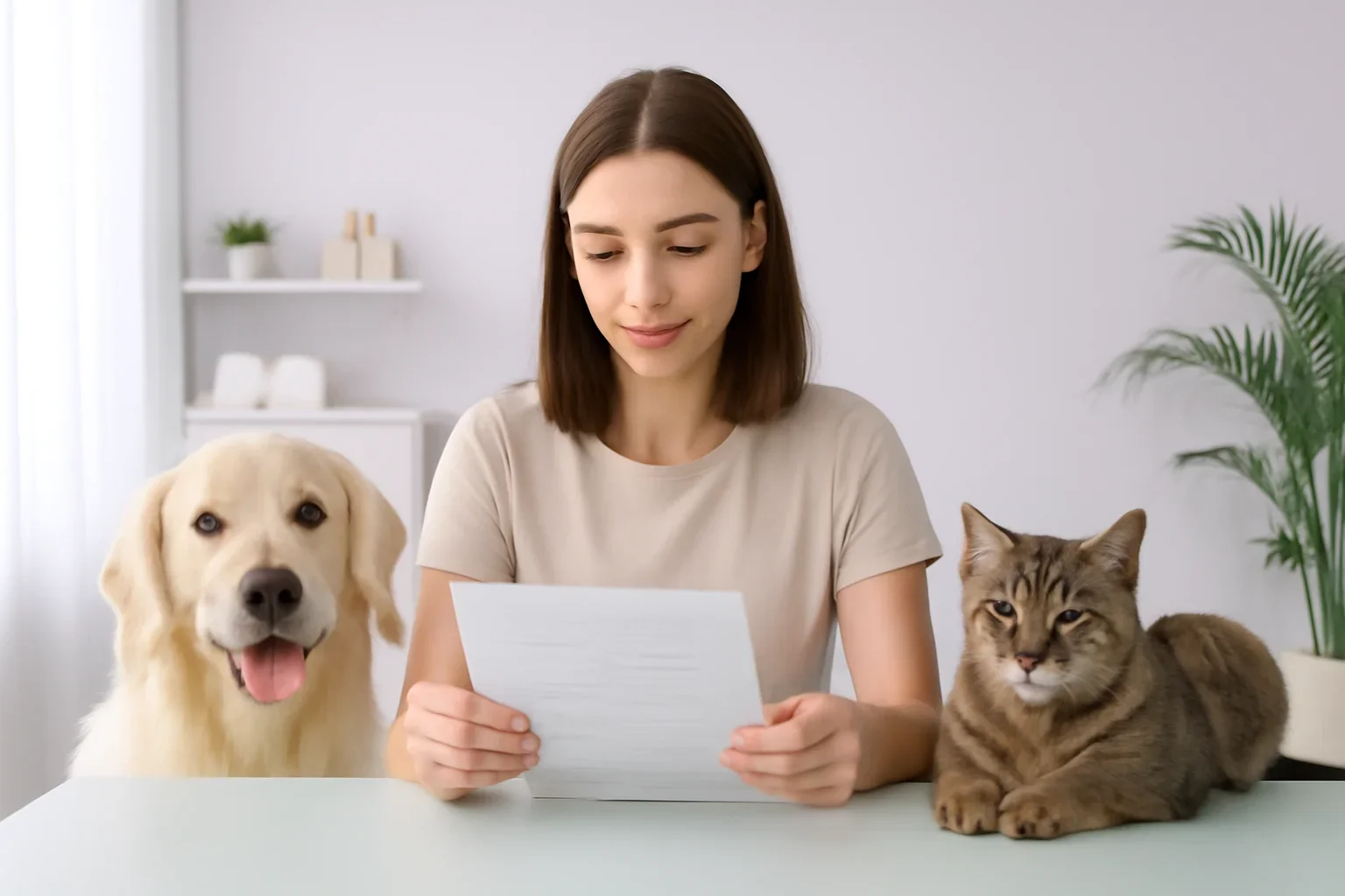 Pet owner reviewing grooming questions beside a calm dog and cat