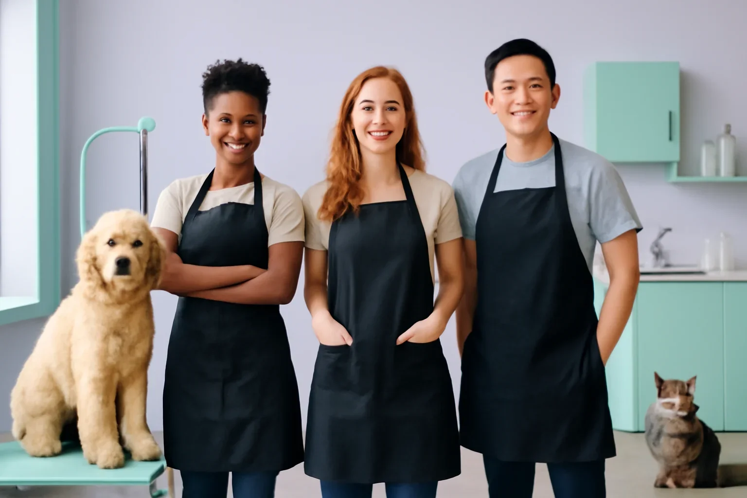Three fictional pet groomers standing together in a bright salon