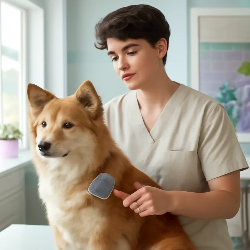 Fictional groomer Jordan Lee calmly brushing a medium double-coated dog