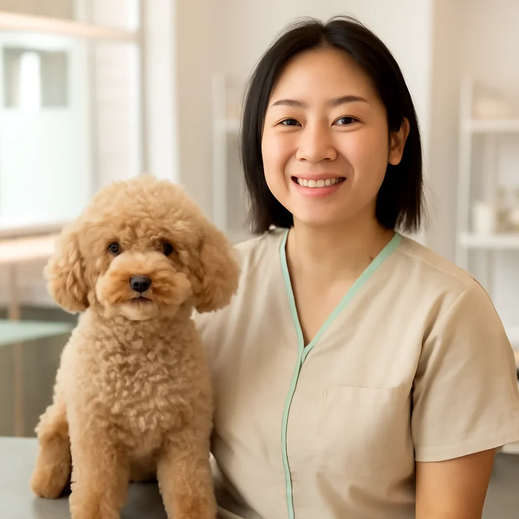 Fictional groomer Maya Chen smiling beside a small curly-coated dog
