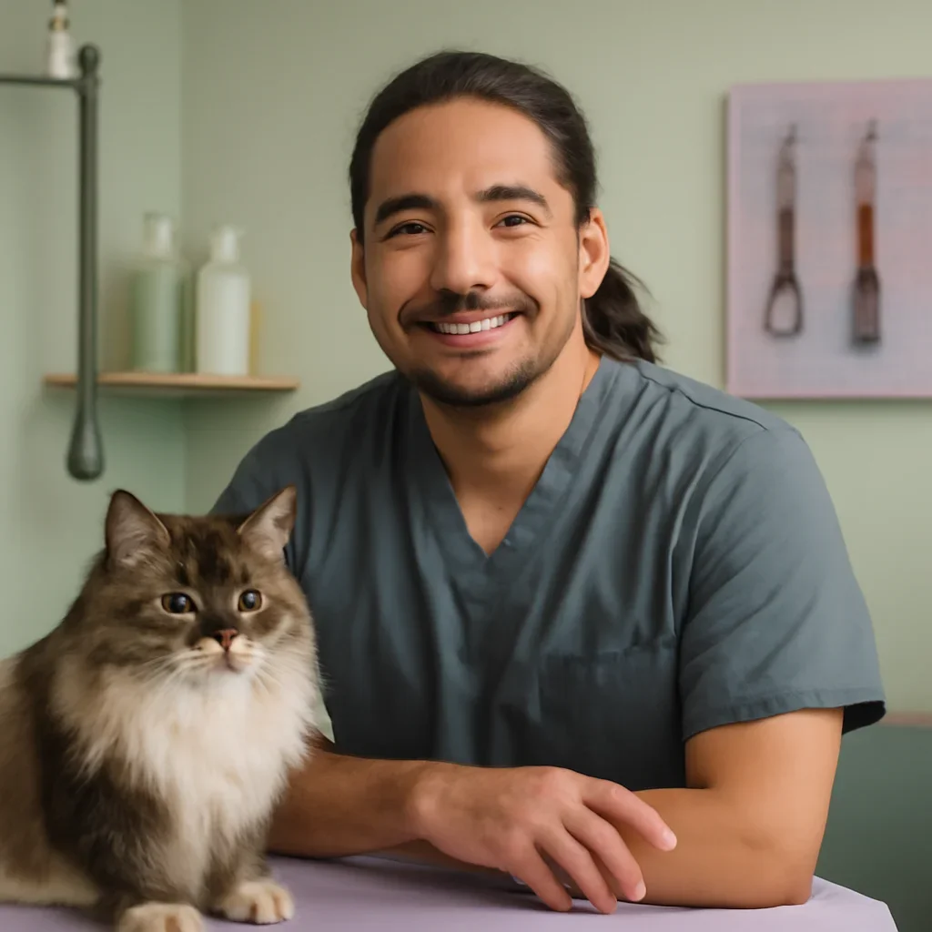 Fictional groomer Sam Rivera sitting near a calm long-haired cat