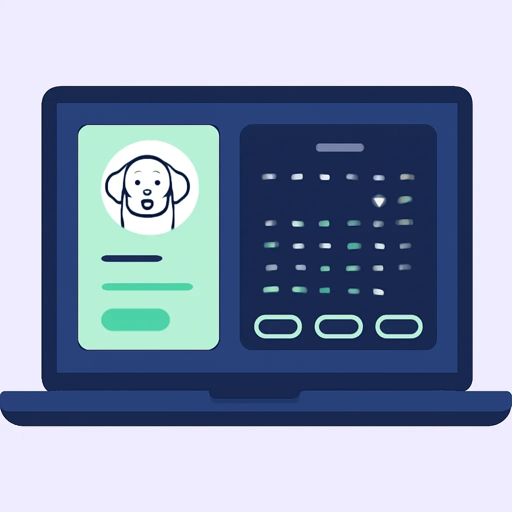Illustrated GroomAI booking dashboard showing pet details and sample appointment times