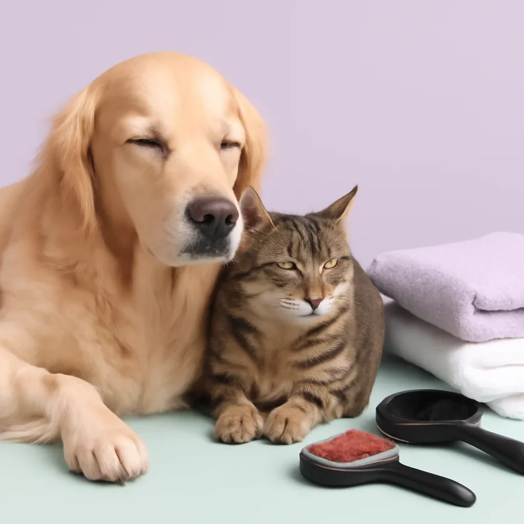 Relaxed dog and cat resting near clean grooming tools after sample services