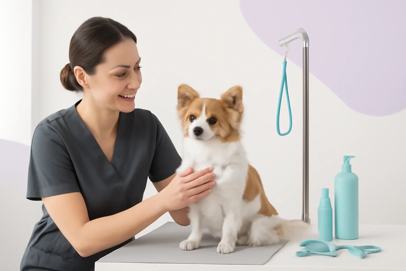 Groomer calmly greeting a small dog beside a tidy grooming station