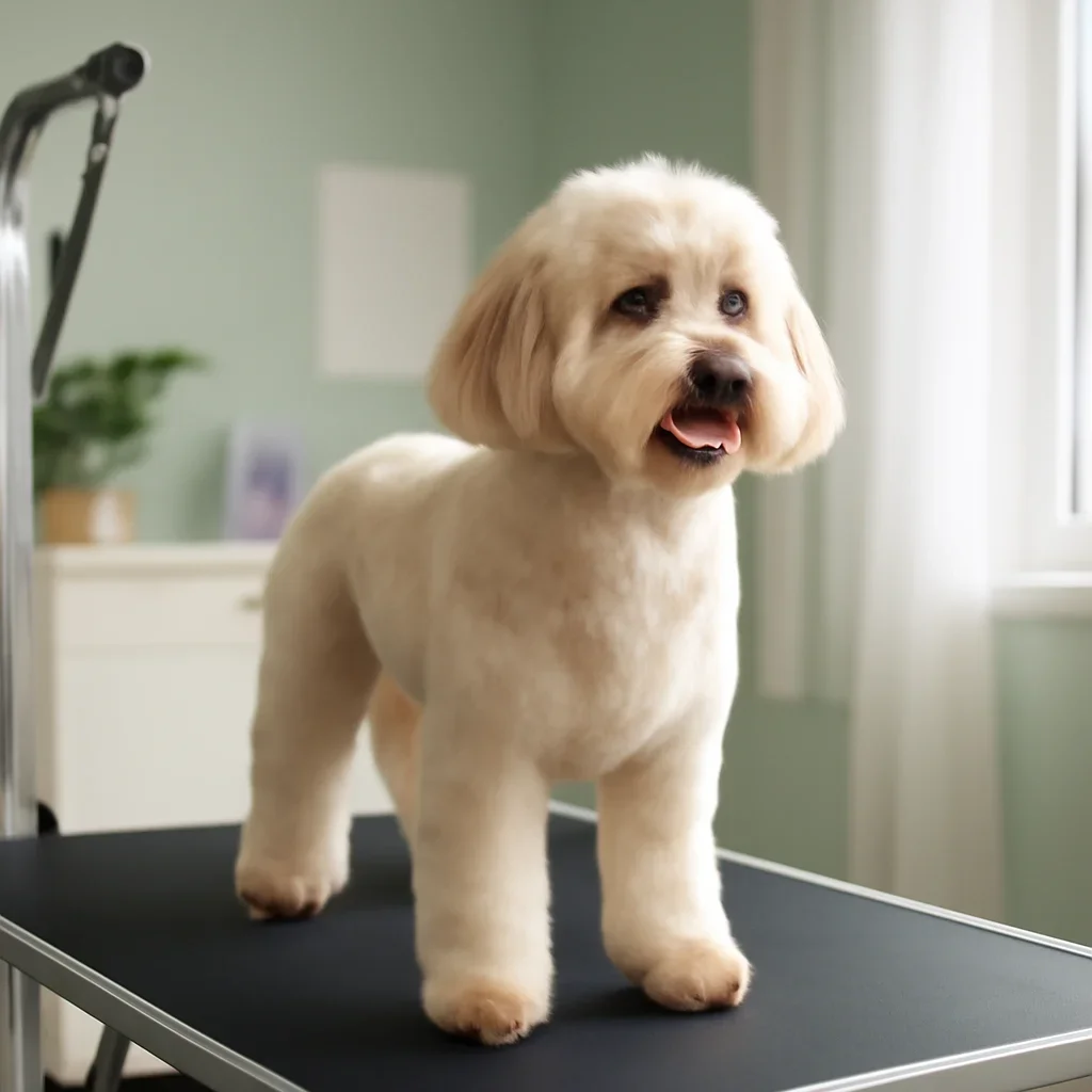 Freshly groomed medium dog standing comfortably on a non-slip grooming table