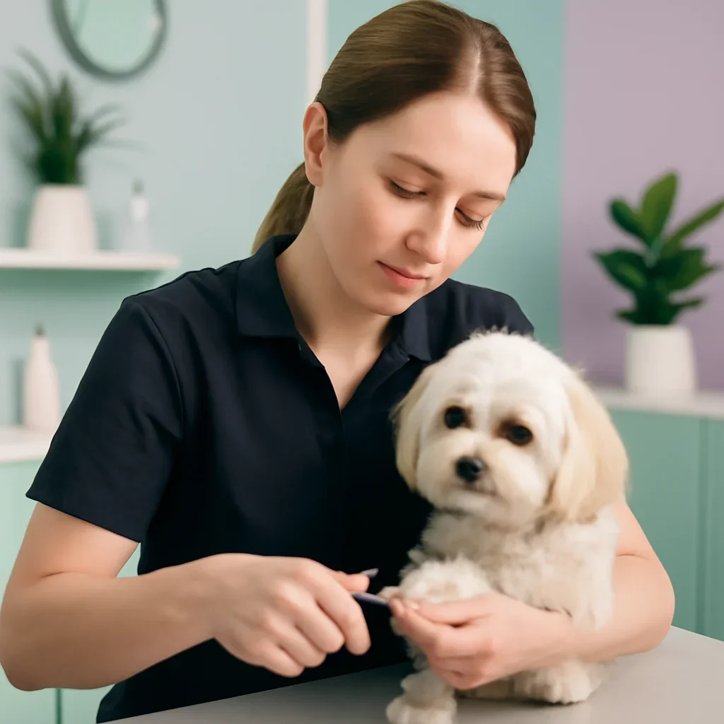Groomer calmly supporting a small dog's body and paw for nail care
