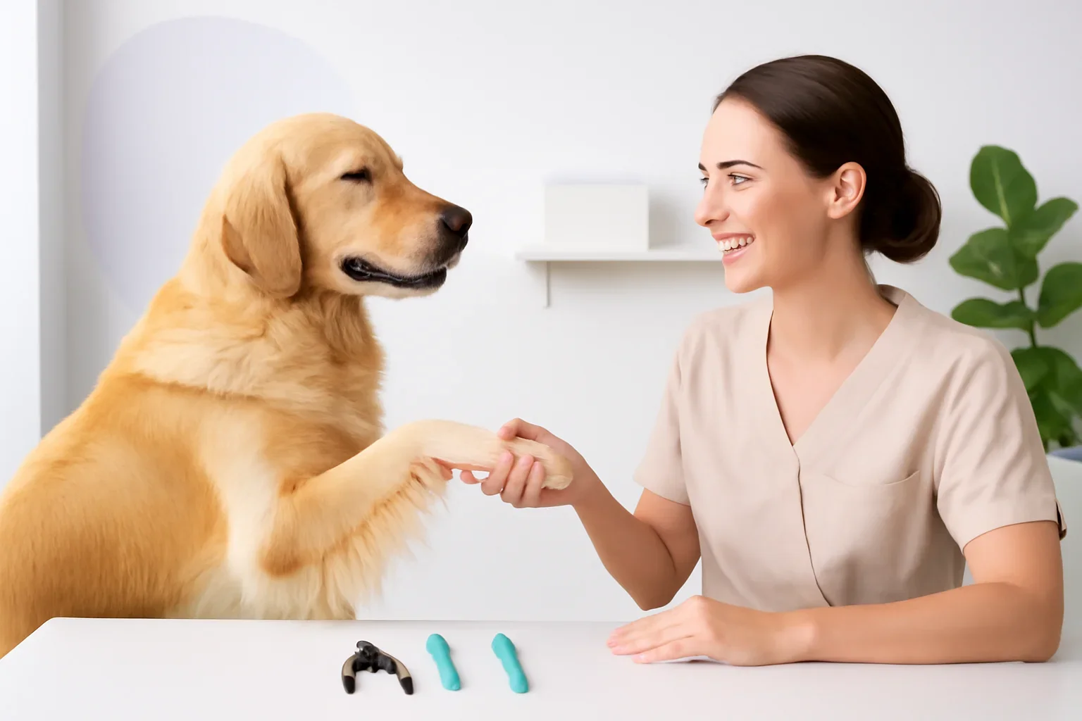 Relaxed dog offering a paw to a groomer beside clean nail tools