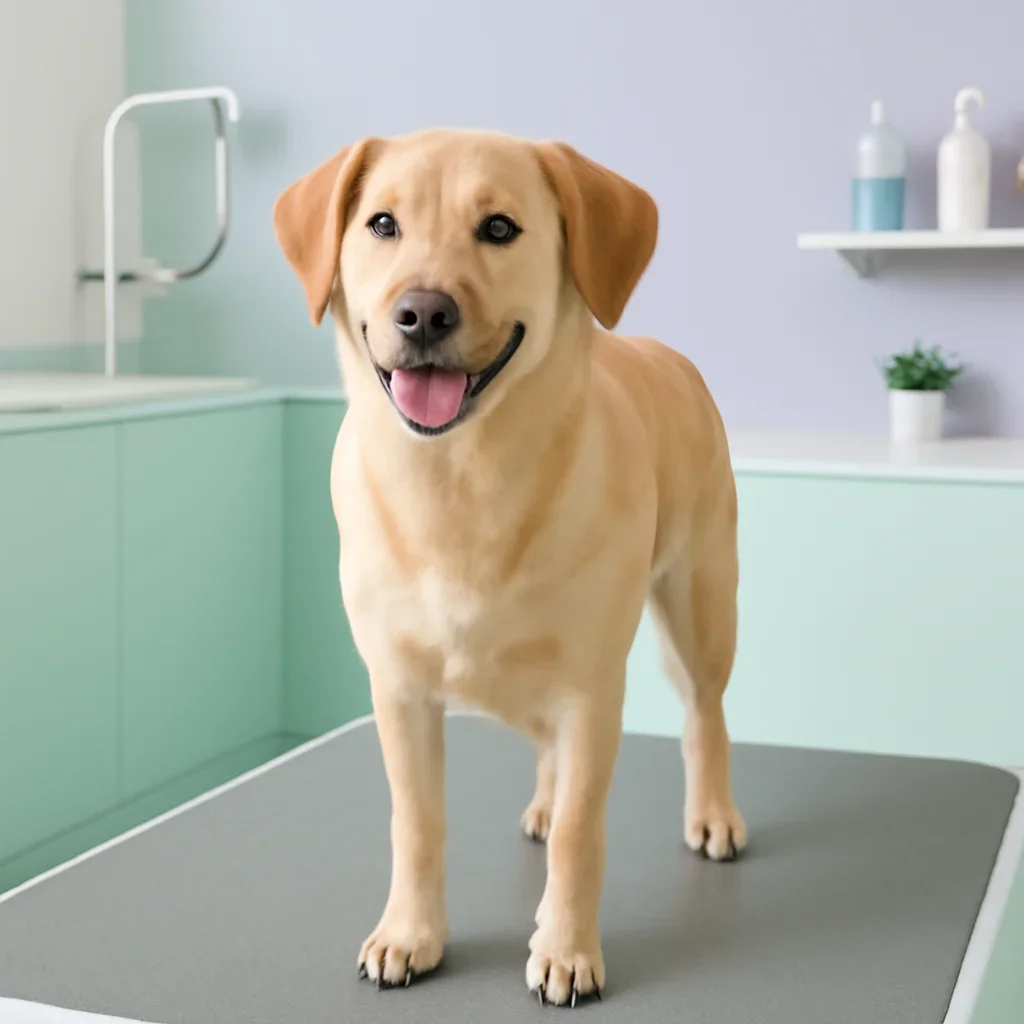 Dog standing comfortably after a nail trim on a clean non-slip mat