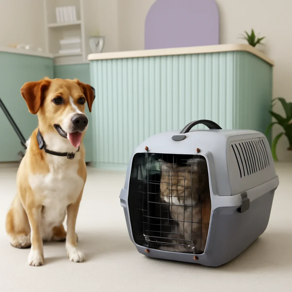 Dog on a secure leash and cat in a closed carrier arriving at a clean reception area