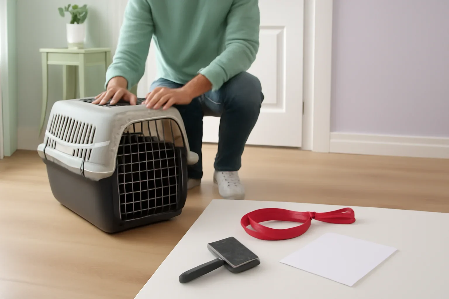 Pet owner preparing a carrier, leash and grooming notes for a first visit