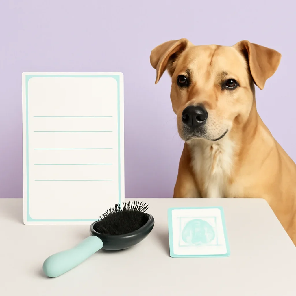 Pet profile card, brush and simple coat notes arranged beside a calm dog