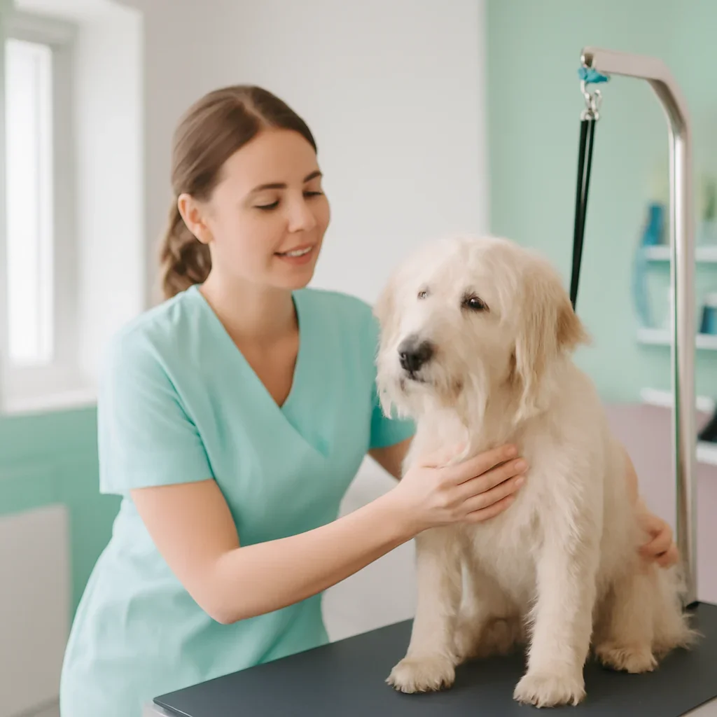 Groomer pausing a service while calmly supporting a dog's comfort