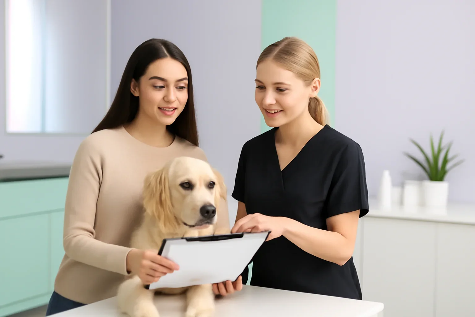 Pet owner and groomer reviewing a simple sample policy checklist beside a calm dog