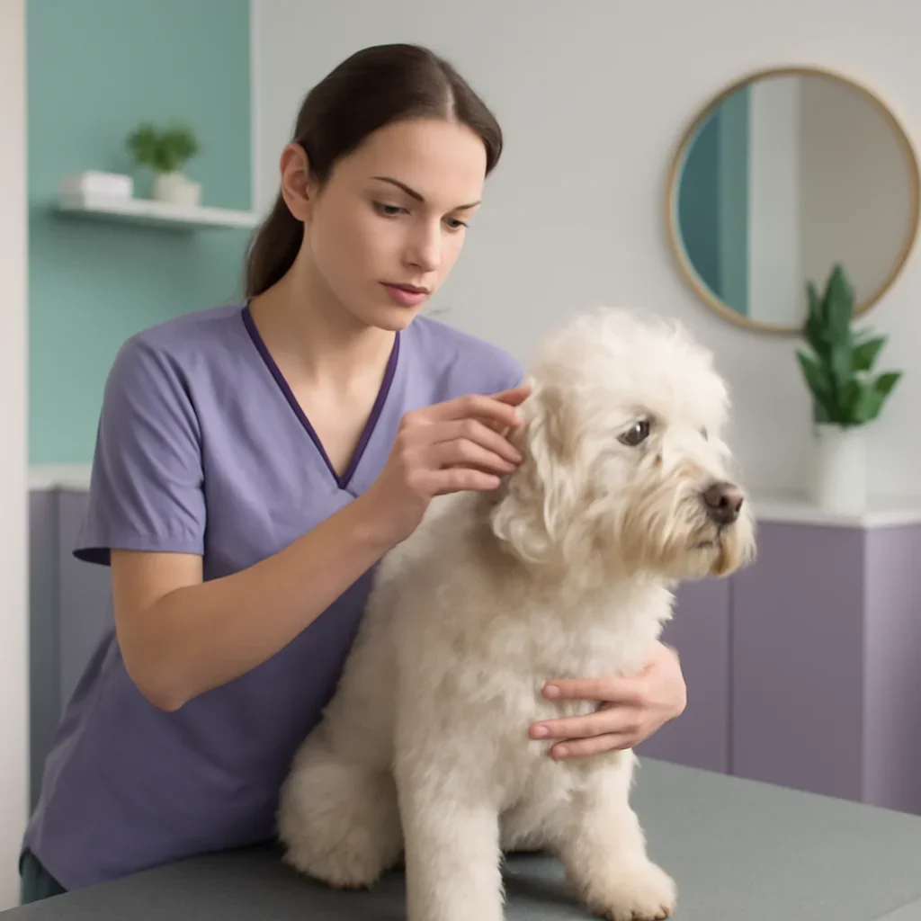 Groomer evaluating a dog's coat length and density before estimating service time