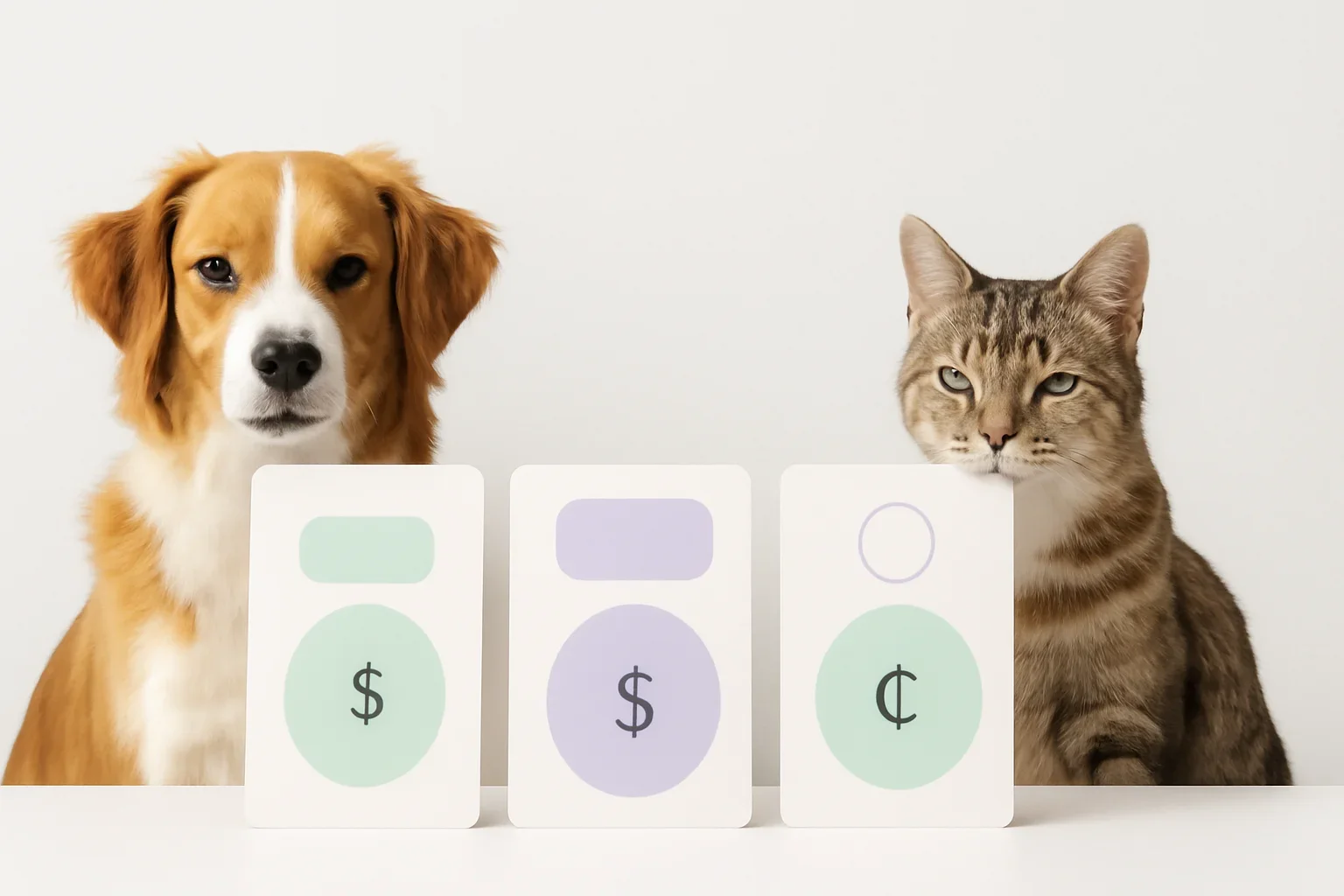 Pet grooming service cards with sample Canadian dollar prices beside a dog and cat