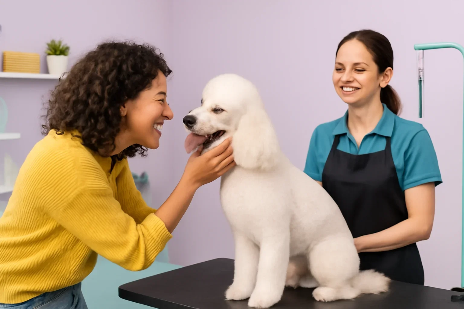 Happy pet owner greeting a freshly groomed dog in a fictional salon setting