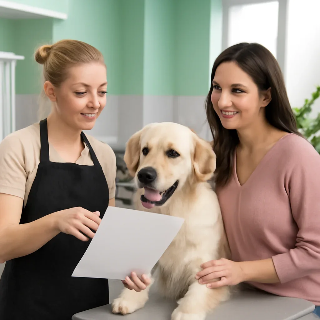 Groomer discussing a sample service summary with a pet owner beside a calm dog