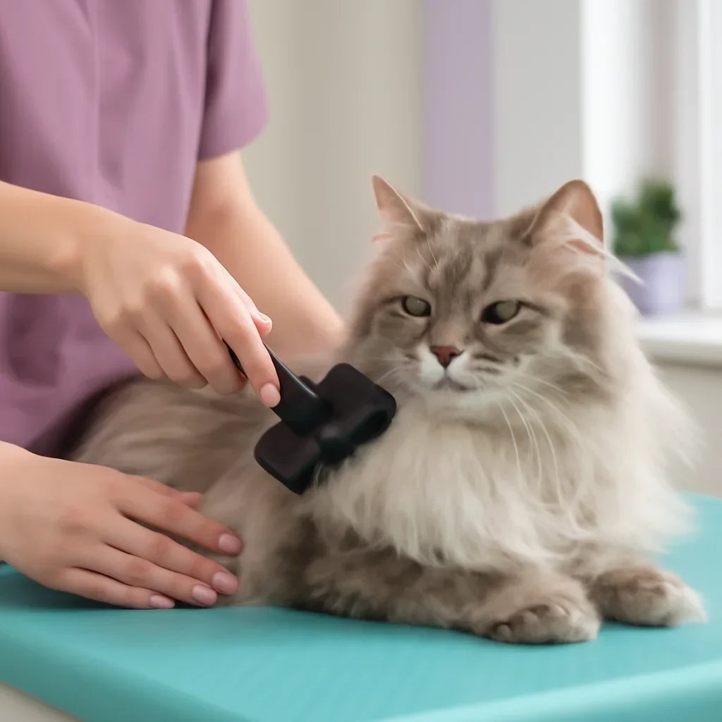 Calm long-haired cat receiving a careful coat comb-out on a padded surface