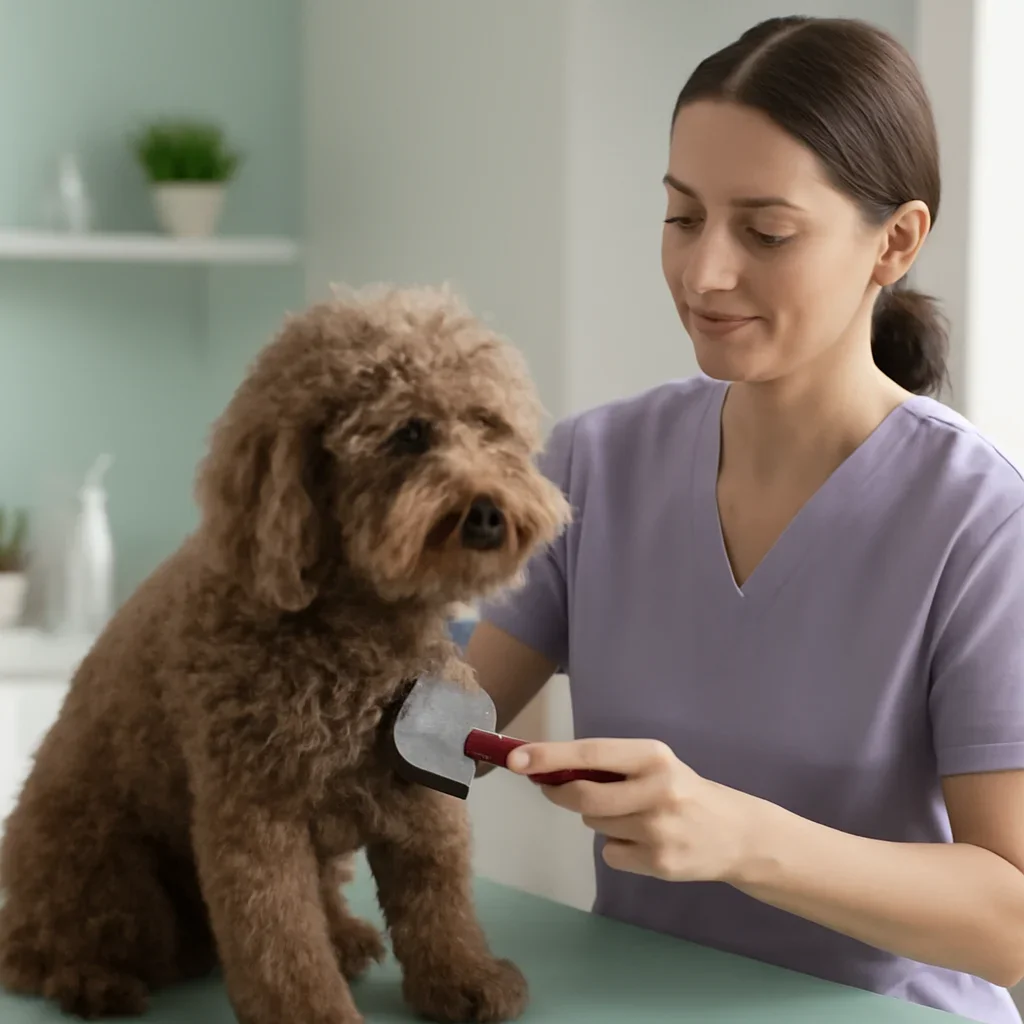 Groomer brushing a curly-coated dog before a full haircut