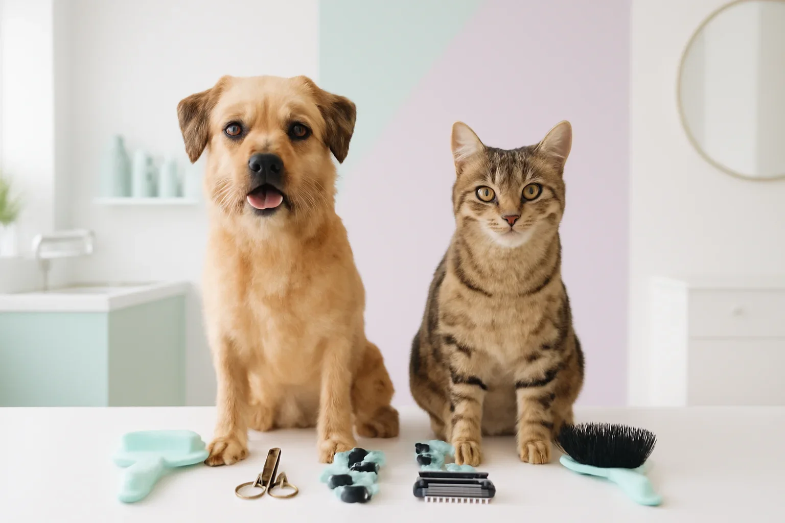 Dog and cat beside neatly organized grooming tools in a bright salon