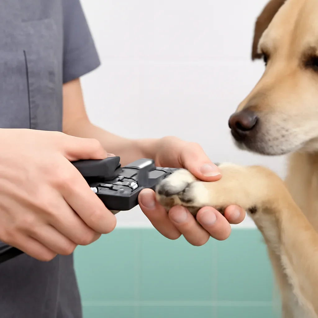 Groomer supporting a dog's paw during a careful nail trim