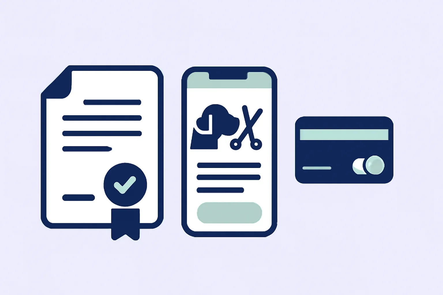 Illustrated demo agreement beside a pet booking screen and test payment symbol